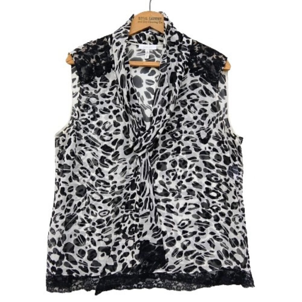 Escada Vintage Y2K Top Size 42 L Black White Leopard Print Neck Tie Lace Silk